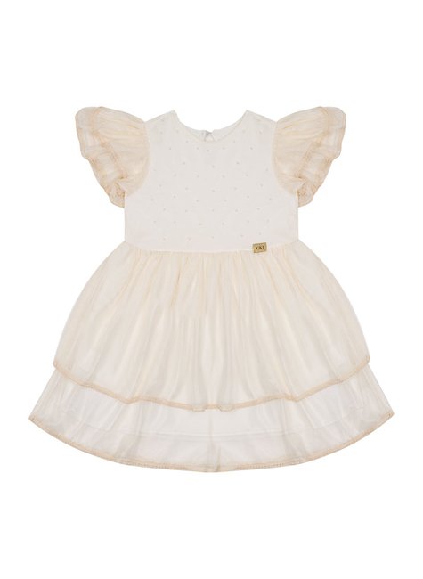 Vestido Infantil Off em Tule com Pérolas e Renda